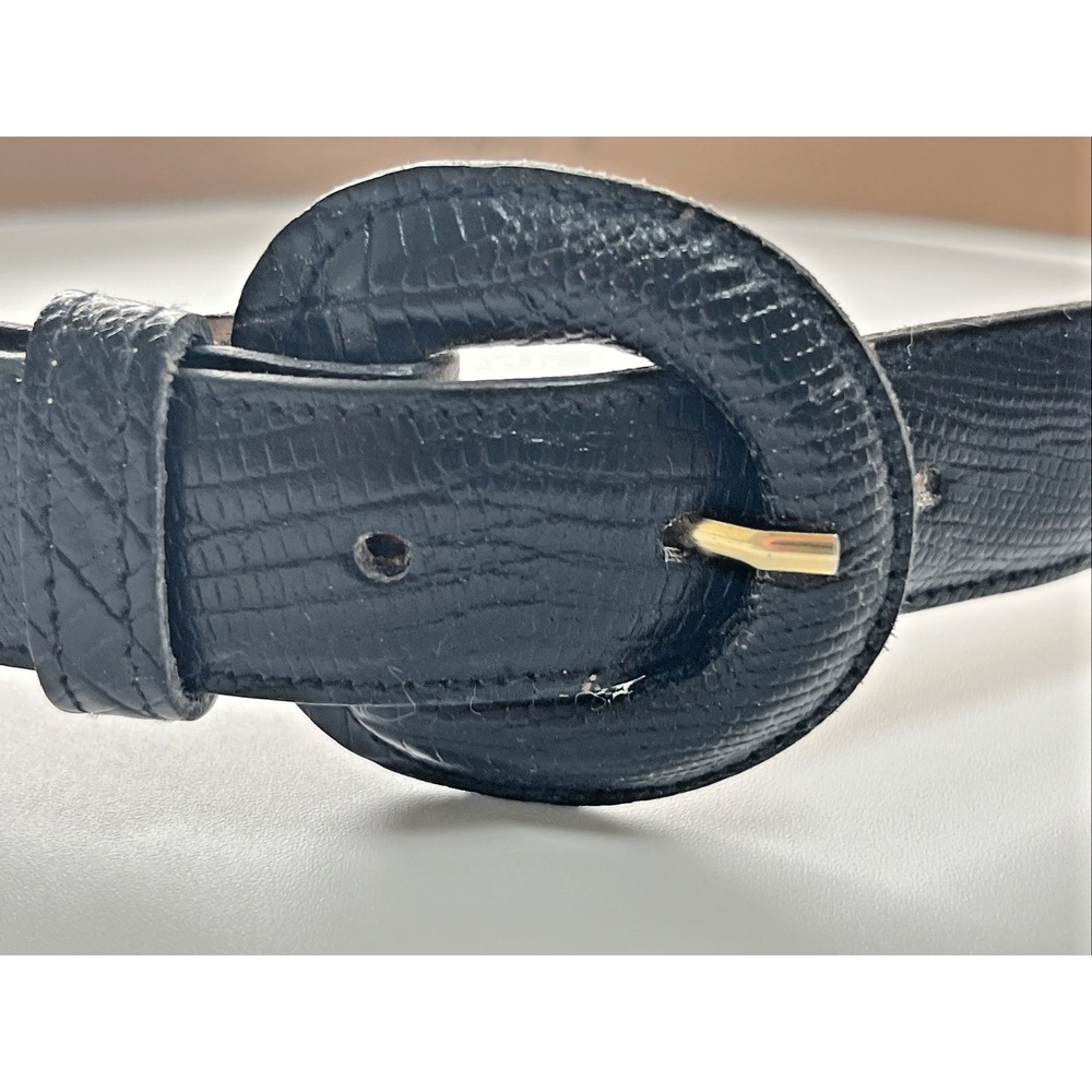 Vtg. Calderon Genuine Black Leather Belt Sz MEDIUM Croc Embossed Textured Skinny